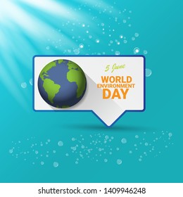world environment day vector label or banner with earth globe isolated on turquoise sky background with sun lights. 5 june celebration