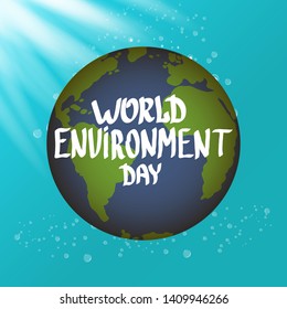 world environment day vector label or banner with earth globe isolated on turquoise sky background with sun lights. 5 june celebration