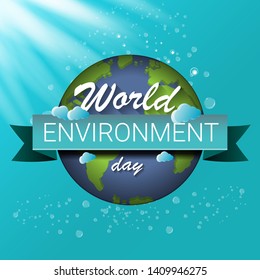 world environment day vector label or banner with earth globe isolated on turquoise sky background with sun lights. 5 june celebration