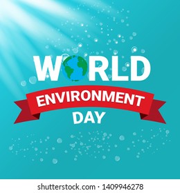 world environment day vector label or banner with earth globe isolated on turquoise sky background with sun lights. 5 june celebration