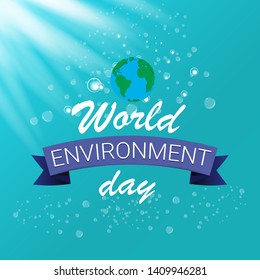 world environment day vector label or banner with earth globe isolated on turquoise sky background with sun lights. 5 june celebration