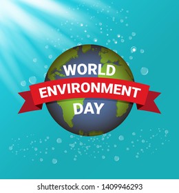 world environment day vector label or banner with earth globe isolated on turquoise sky background with sun lights. 5 june celebration