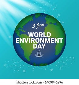 world environment day vector label or banner with earth globe isolated on turquoise sky background with sun lights. 5 june celebration