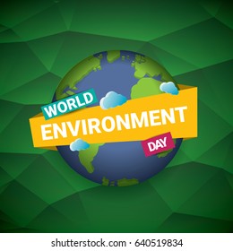 world environment day vector label or banner with earth globe on abstract green background. 5 june celebration greeting card