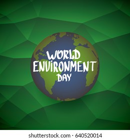 world environment day vector label or banner with earth globe on abstract green background. 5 june celebration greeting card