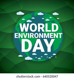 world environment day vector label or banner with earth globe on abstract green background. 5 june celebration greeting card