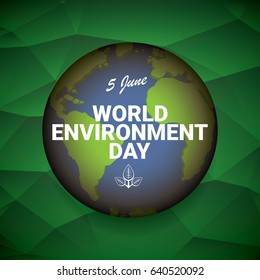 world environment day vector label or banner with earth globe on abstract green background. 5 june celebration greeting card