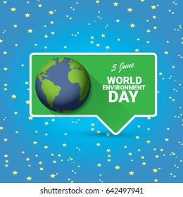 world environment day vector label or banner with earth globe in space with shiny stars. 5 june celebration greeting card