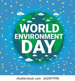 world environment day vector label or banner with earth globe in space with shiny stars. 5 june celebration greeting card