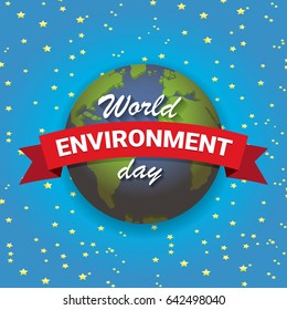 world environment day vector label or banner with earth globe in space with shiny stars. 5 june celebration greeting card
