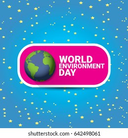 world environment day vector label or banner with earth globe in space with shiny stars. 5 june celebration greeting card