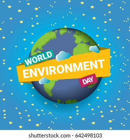 world environment day vector label or banner with earth globe in space with shiny stars. 5 june celebration greeting card