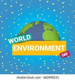 world environment day vector label or banner with earth globe in space with shiny stars. 5 june celebration greeting card