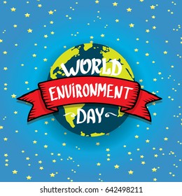 world environment day vector label or banner with earth globe in space with shiny stars. 5 june celebration greeting card