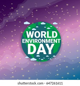 world environment day vector label or banner with earth globe in space with shiny stars. 5 june celebration greeting card
