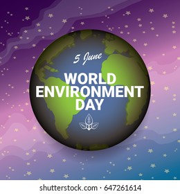 world environment day vector label or banner with earth globe in space with shiny stars. 5 june celebration greeting card