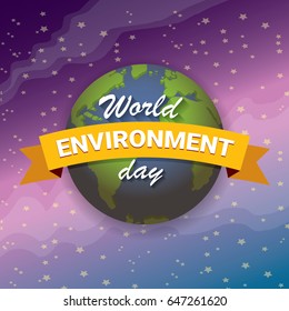 world environment day vector label or banner with earth globe in space with shiny stars. 5 june celebration greeting card