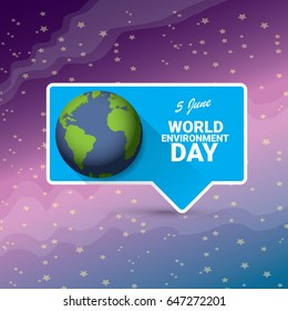 world environment day vector label or banner with earth globe in space with shiny stars. 5 june celebration greeting card