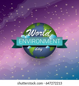 world environment day vector label or banner with earth globe in space with shiny stars. 5 june celebration greeting card