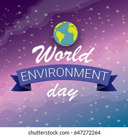 world environment day vector label or banner with earth globe in space with shiny stars. 5 june celebration greeting card
