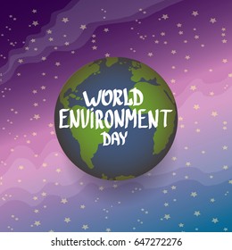world environment day vector label or banner with earth globe in space with shiny stars. 5 june celebration greeting card