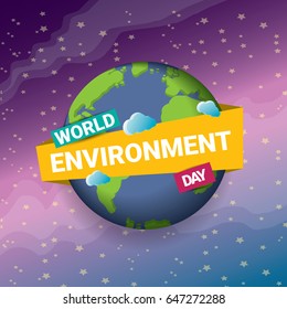 world environment day vector label or banner with earth globe in space with shiny stars. 5 june celebration greeting card