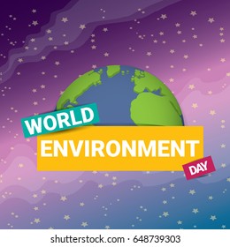world environment day vector label or banner with earth globe in space with shiny stars. 5 june celebration greeting card