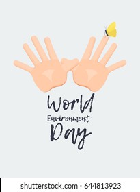 World Environment Day vector poster. Hand gesture butterfly. Earth day concept. -stock vector