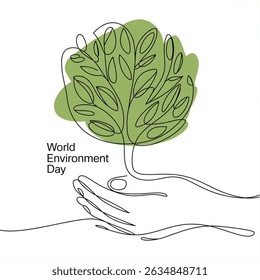 World Environment Day.  vector sketch, background. Green tree in hand concept. One continuous line drawing doodle, minimalistic web poster with tree on white background.