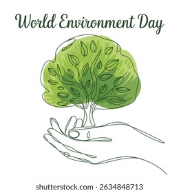 World Environment Day.  vector sketch, background. Green tree in hand concept. One continuous line drawing doodle, minimalistic web poster with tree on white background.