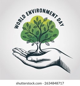 World Environment Day.  vector sketch, background. Green tree in hand concept. One continuous line drawing doodle, minimalistic web poster with tree on white background.