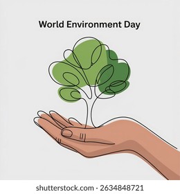 World Environment Day.  vector sketch, background. Green tree in hand concept. One continuous line drawing doodle, minimalistic web poster with tree on white background.