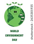 World Environment Day - vector vertical banner. Happy smiling earth with eyes and mouth. Joyful earth, green sprouts, wind turbines, solar panels and text.
