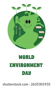 World Environment Day - vector vertical banner. Happy smiling earth with eyes and mouth. Joyful earth, green sprouts, wind turbines, solar panels and text.