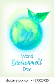 World environment day vertical greeting card. Reminder about mother earth isolated on light background. Cartoon style globe with lettering and leaves