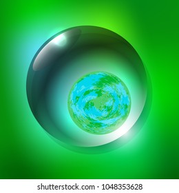 World Environment Day. Water drop. Inside it is the planet Earth. Background is green blurred