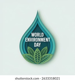 World Environment Day - waterdrop concept. World Environment Day - vector abstract waterdrop concept. Save the water - ecology concept background with paper cut water drop and green leaves isolated on