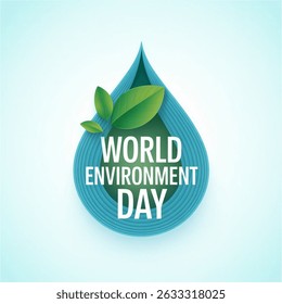 World Environment Day - waterdrop concept. World Environment Day - vector abstract waterdrop concept. Save the water - ecology concept background with paper cut water drop and green leaves isolated on