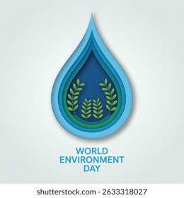 World Environment Day - waterdrop concept. World Environment Day - vector abstract waterdrop concept. Save the water - ecology concept background with paper cut water drop and green leaves isolated on