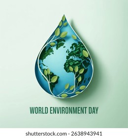 World Environment Day - waterdrop concept. World Environment Day - vector abstract waterdrop concept. Save the water - ecology concept background with paper cut water drop and green leaves isolated on