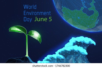 World Environment day web banner with, green sprout plant and a big blue wave,and plant a tree plant , dark blue background. Ecology concept. Futuristic low poly. vector illustration,plexus,wireframe