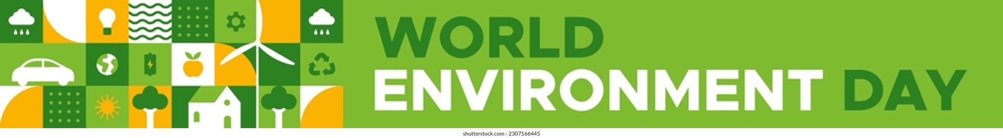 World Environment Day web banner illustration with modern eco geometric nature mosaic. Green abstract geometry shape cover background for online earth holiday or internet page header.