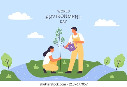 Día mundial del medio ambiente. Una mujer y un hombre jóvenes están plantando un árbol. A la gente le importa la ecología del planeta. Medio ambiente, ecología, concepto de protección de la naturaleza. Ilustración vectorial plana.