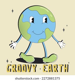 World Environment Day.Earth Day.Save the Earth.Concept of World Environment Day in retro style.Cartoon cute earth planet character. 