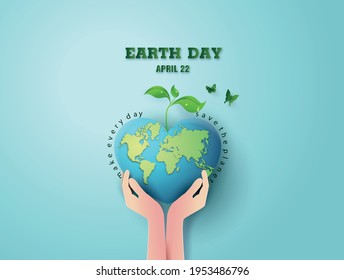 World environment and earth day concept with hand and global,paper cut , paper collage style with digital craft .