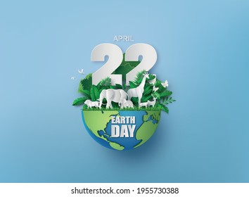 World environment and earth day concept with animals 
,paper cut , paper collage style with digital craft .