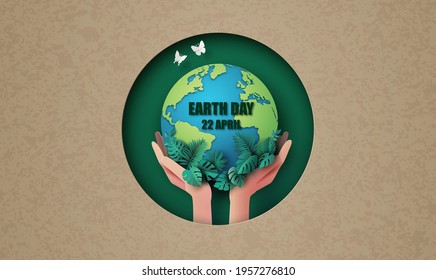 World environment and earth day concept with hand and global,paper cut , paper collage style with digital craft .