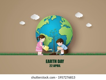 World environment and earth day concept with boy and girl plant a tree,paper cut , paper collage style with digital craft .