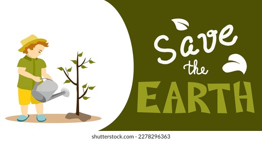 World environment and earth day concept with boy watering a tree, Vector illustration