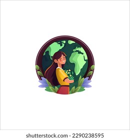 World environment and earth day concept with woman holding flowers and a tree, Environmental problems and environmental protection. Vector illustration. Caring for Nature, cartoon flat style